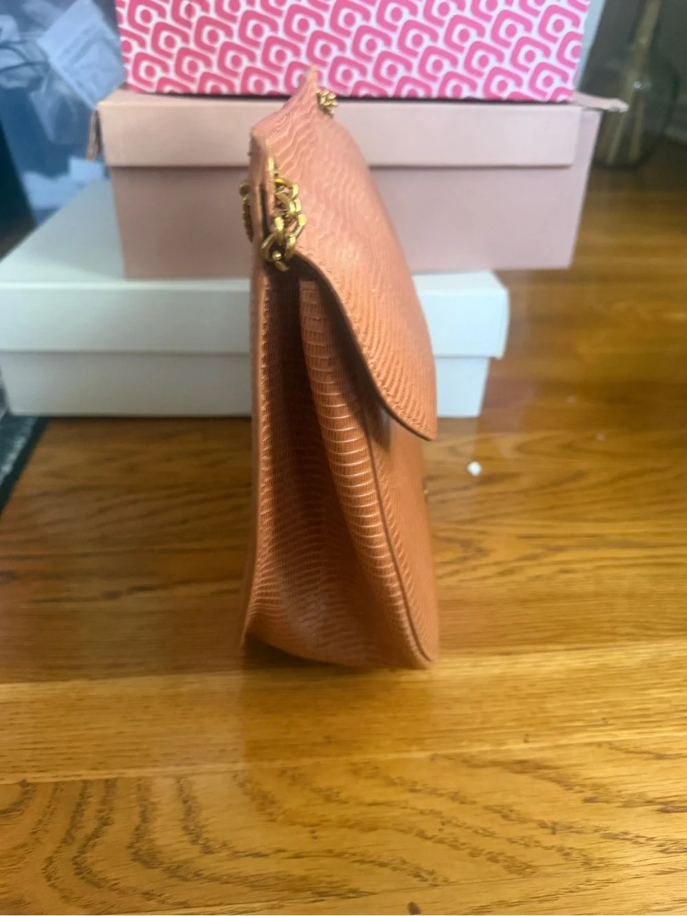 Tan Textured Leather Crossbody Bag with Gold Chain